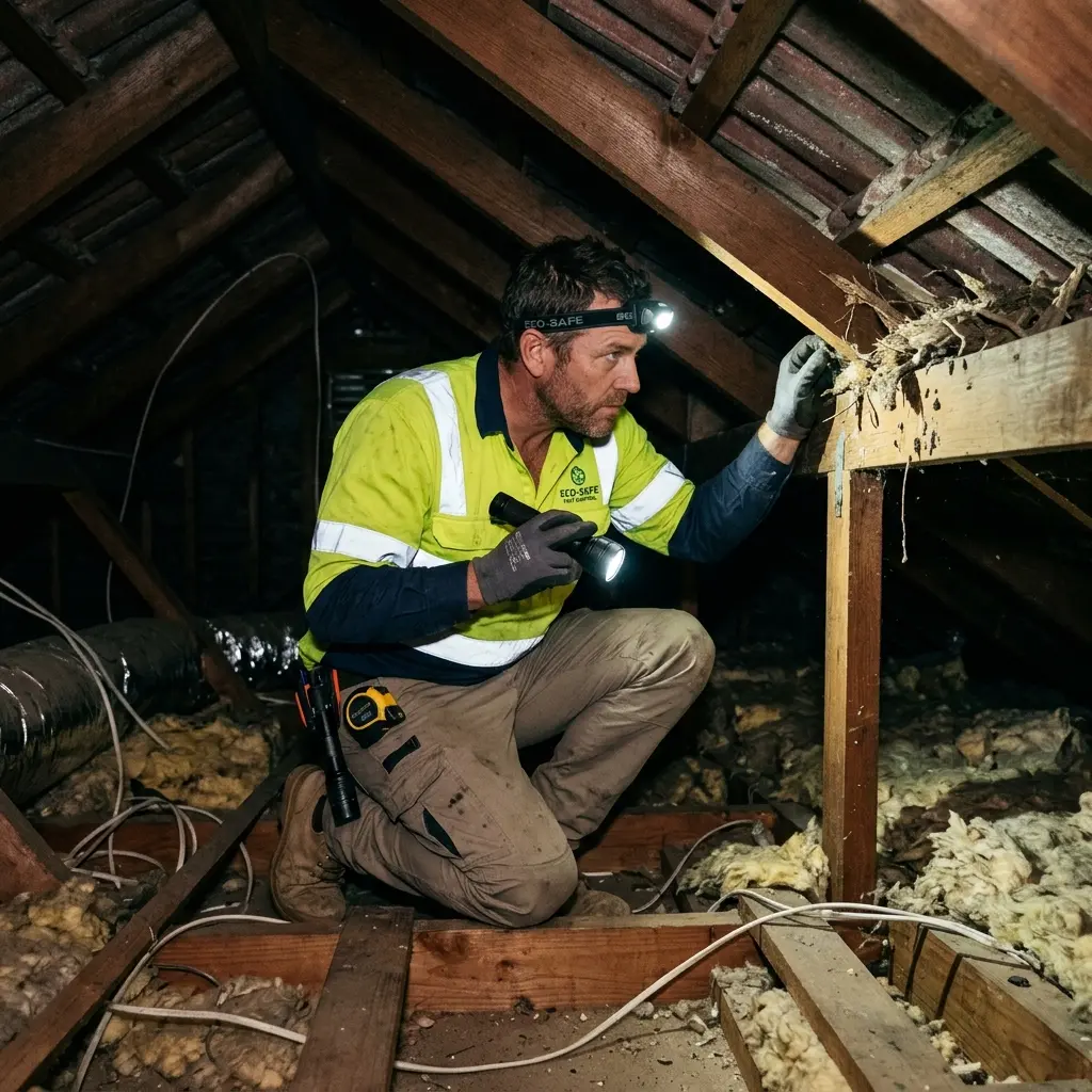 Technician inspecting a roof cavity for a dead animal in Lysterfield South